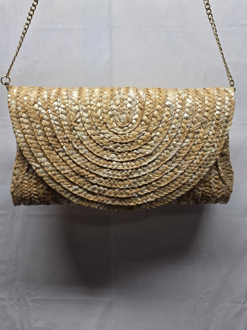 BC BAGS Straw Woven Gold Chain Clutch Crossbody Bag